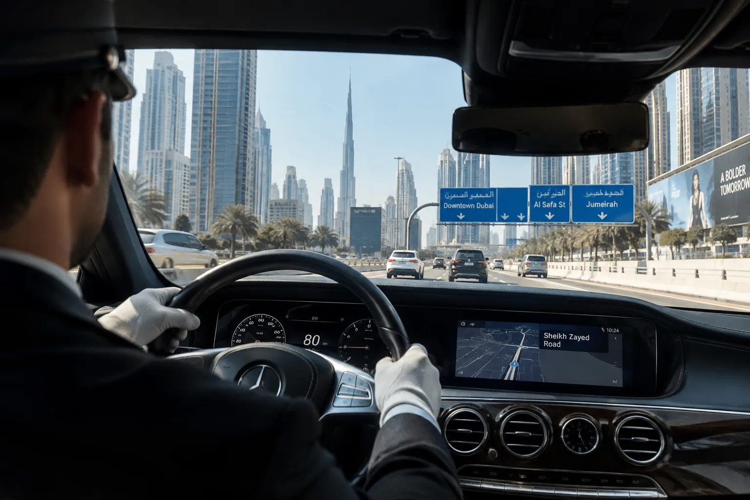 Global Excellence Limousine chauffeur driving a luxury car through Dubai
