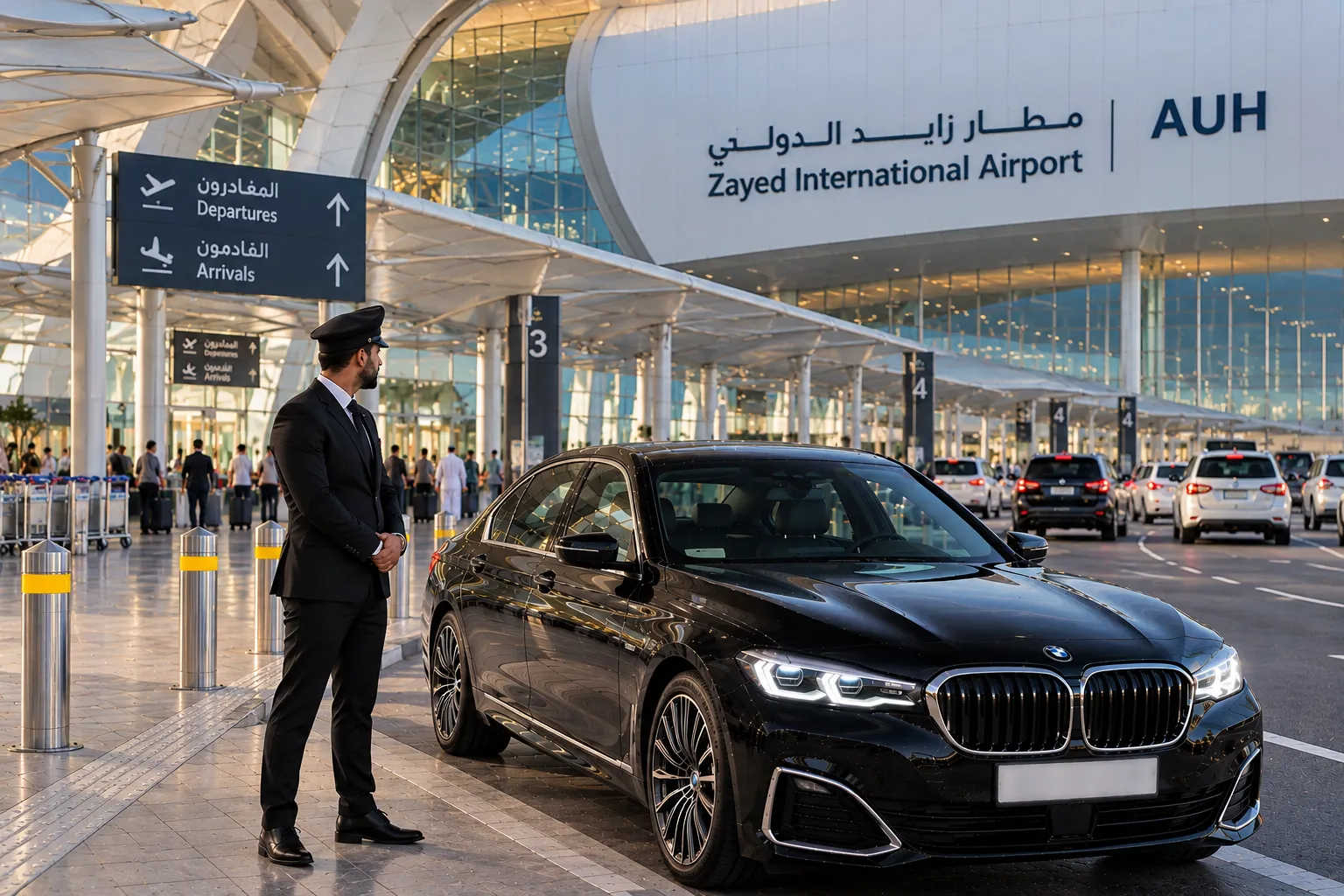 Chauffeur and BMW at Zayed Airport